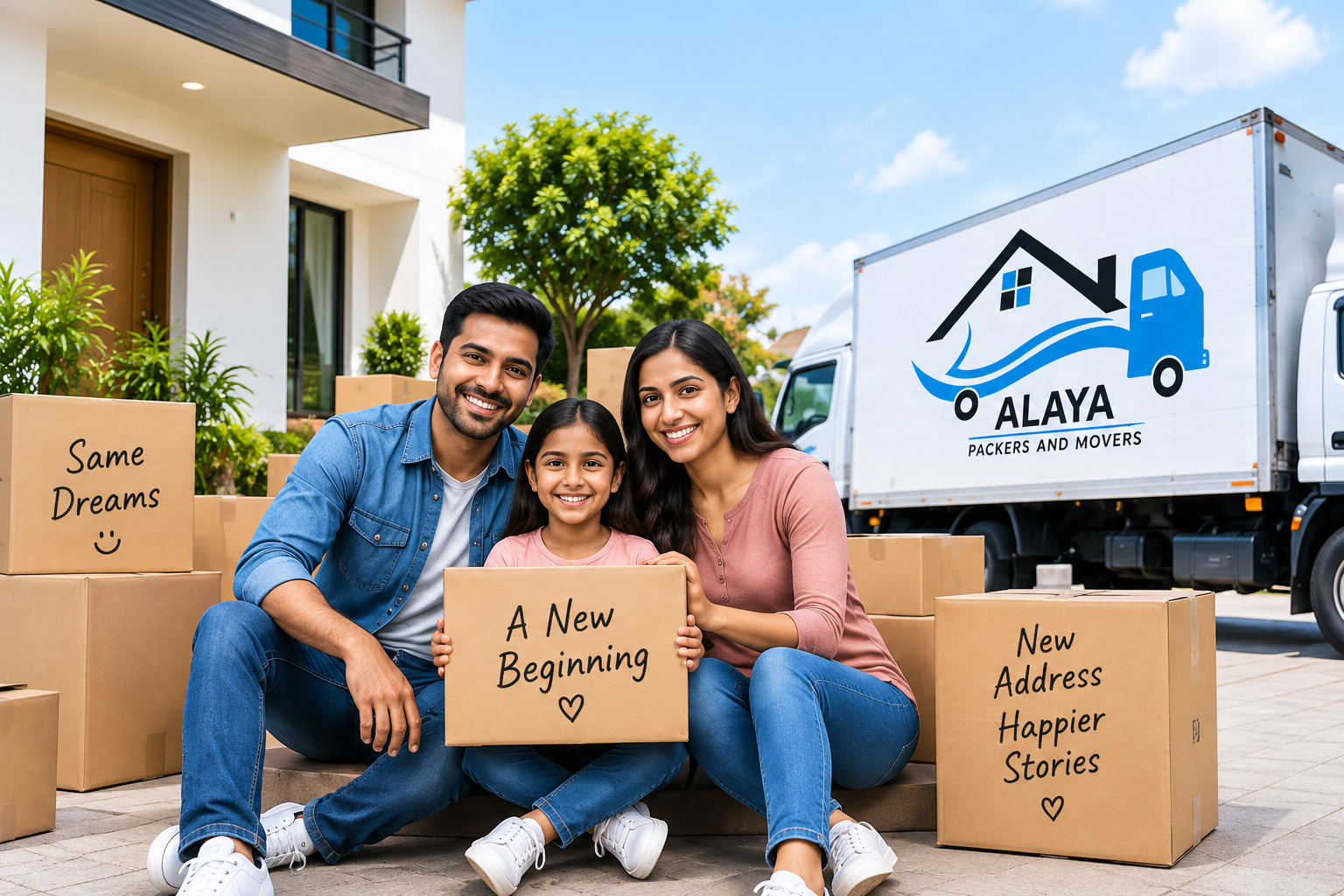 Family with moving boxes